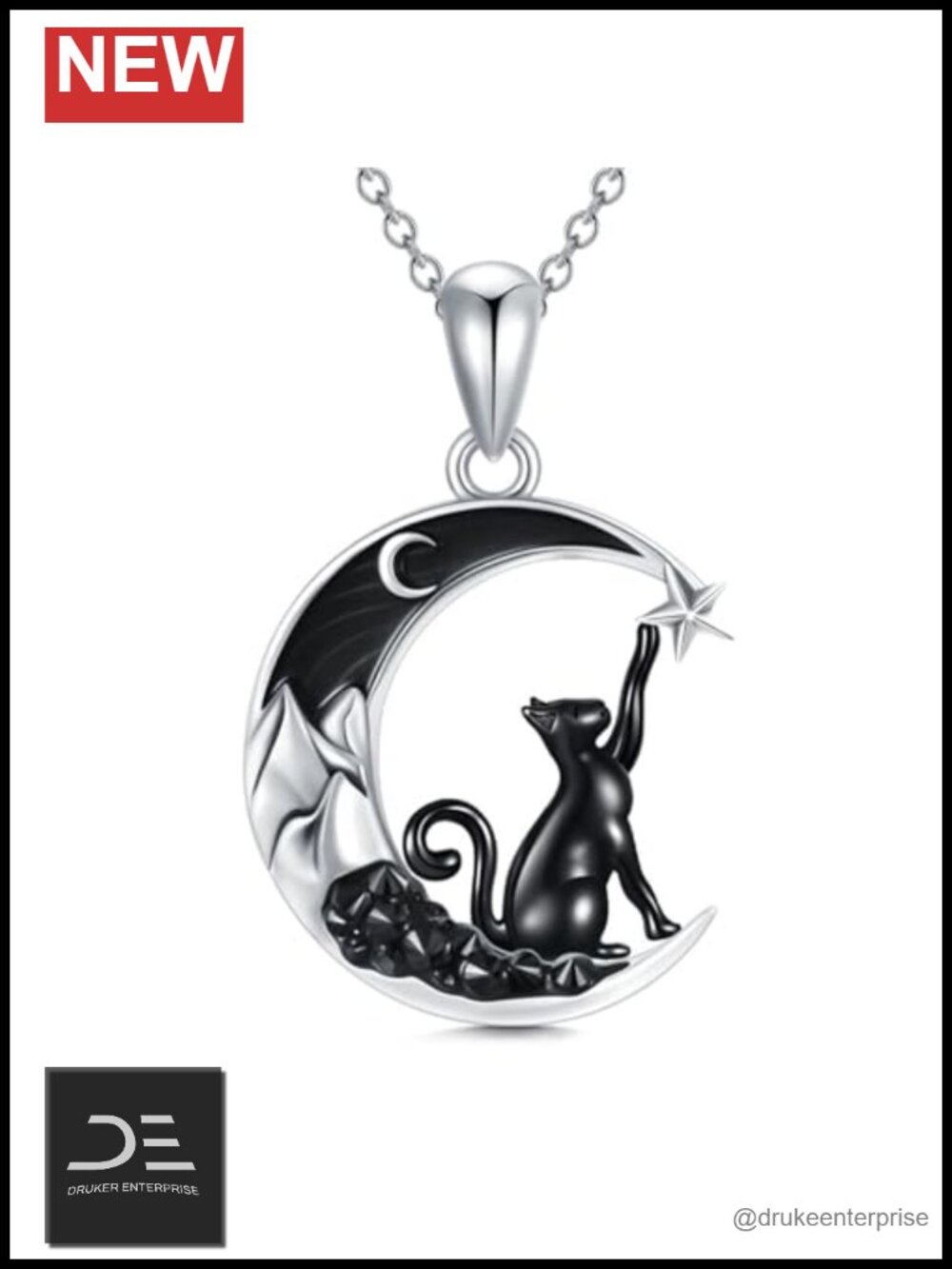 Sterling Silver Crescent Moon Cat Pendant Necklace Cubic Zirconia 18in w/